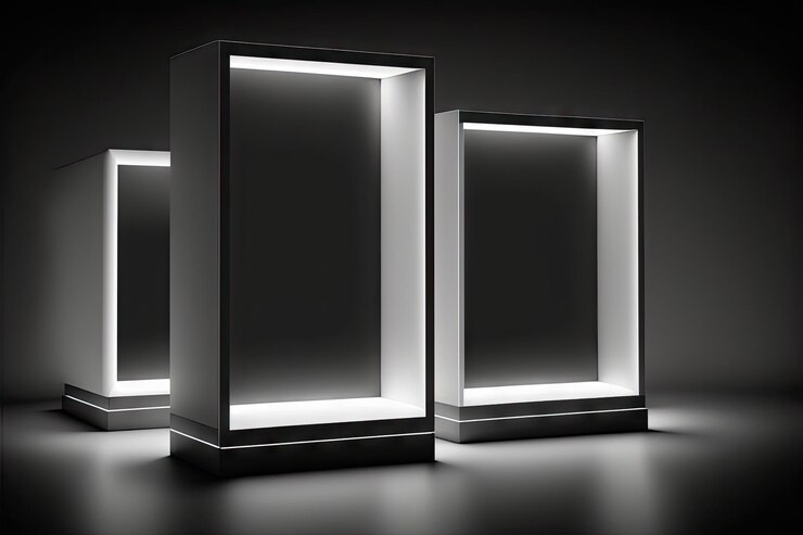 Photo transparent blank lightbox mockup on grey illuminated background
