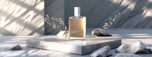 Transparent bottle of essence perfume on a minimalistic background with stone sand and dry flowers