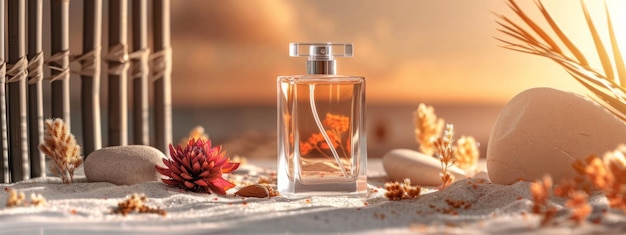 Transparent bottle of essence perfume on a minimalistic background with stone sand and dry flowers