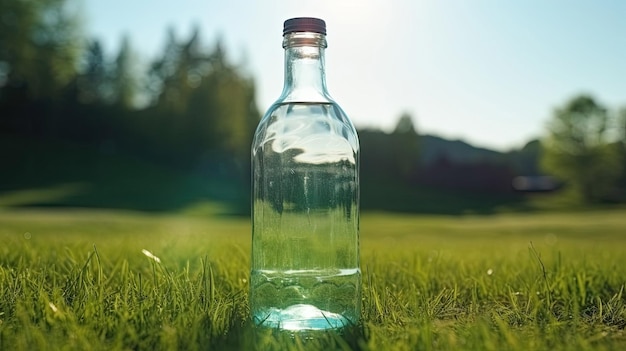 Transparent bottle of fresh water standing on a green lawn with Generative AI Technology