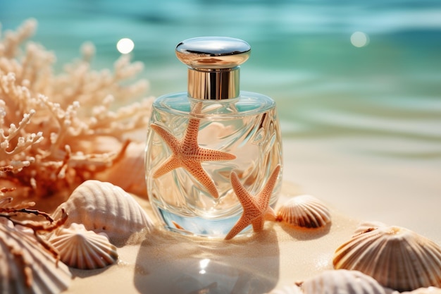 Фото Прозрачная бутылка парфюма с морскими звездами и морскими ракушками на синей текстуре воды, сгенерированная ии