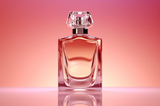 Transparent bottle of perfume on a pink background