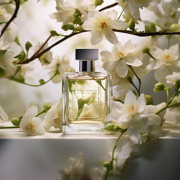 Transparent bottle of perfume and white blossom flowers on background generated by AI