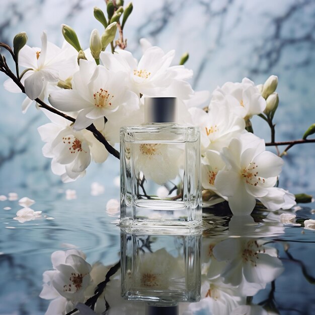 Photo transparent bottle of perfume and white blossom flowers on background generated by ai