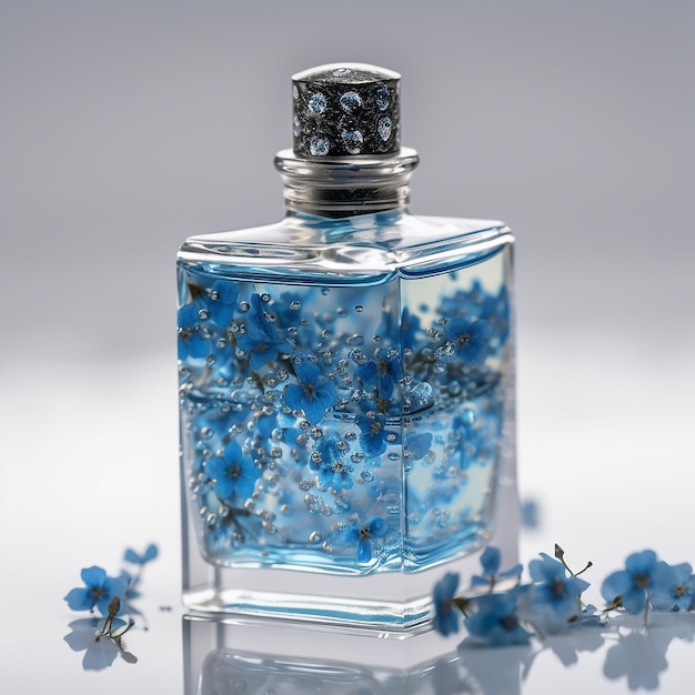 白い背景のクローズ アップの中に青い花を持つ香水の透明なボトル