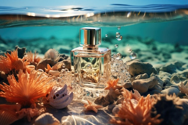 Photo transparent bottle of perfume with starfish and sea shells on blue water texture ai generated