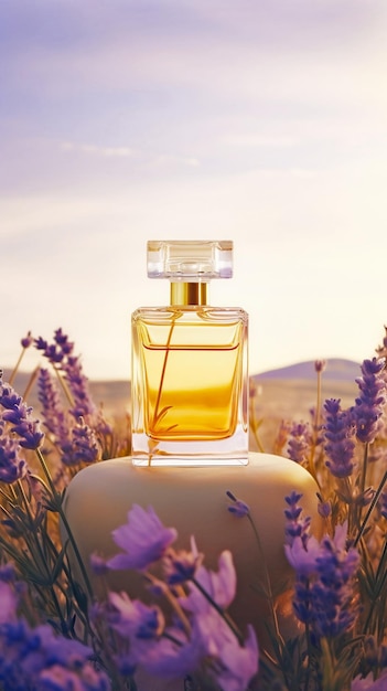 Transparent bottle of perfume without a label on a lilac background with flowers Fragrance