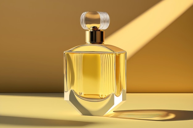 Transparent bottle of perfume on a yellow background AI generation