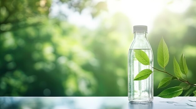A transparent bottle of water in front of a natural background of green leaves