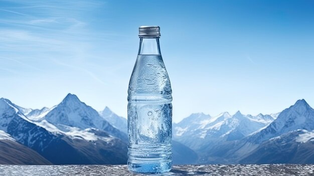 A transparent bottle of water with an ice texture against the background of mountain peaks