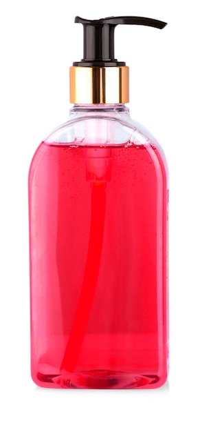 Foto bottiglia trasparente con sapone liquido colorato isolato su sfondo bianco