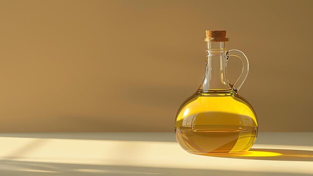 Photo transparent bottle with olive oil on a beige background the bottle is placed on a beige table near the wall