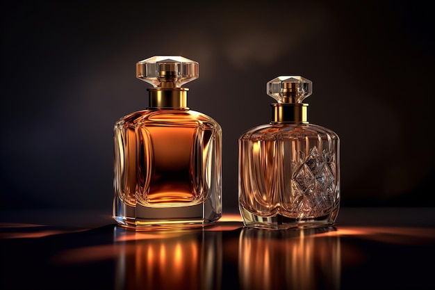 Transparent bottles of perfume on dark background