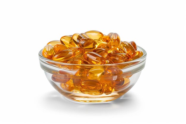 Transparent Bowl of Omega3 Soft Gel Capsules Isolated on White Background Created with Generative AI