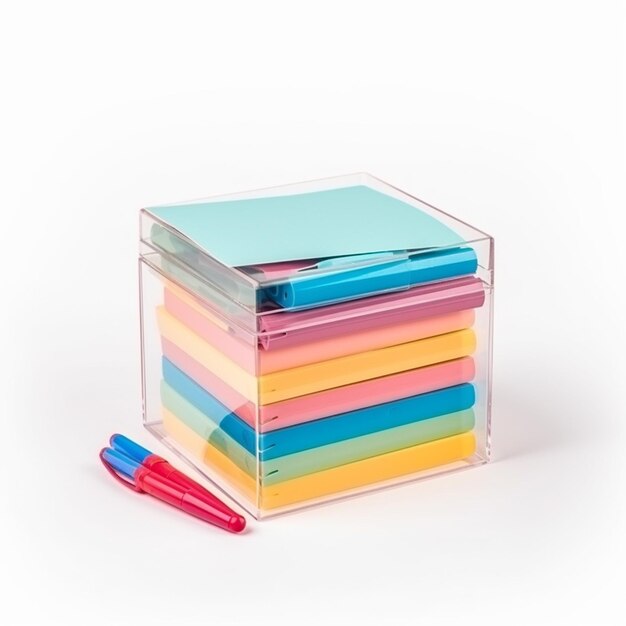 다채로운 스티커 와 파란색 펜 이 들어 있는 투명 한 상자