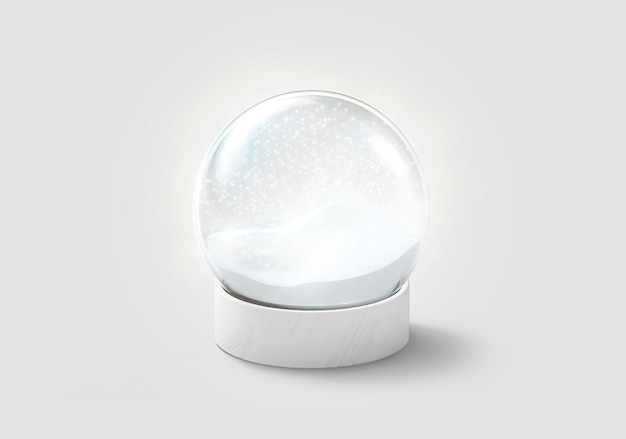 Transparent bright snow globe with snowfall. Gloss snowy dome. Acrylic decorative toy with shining.