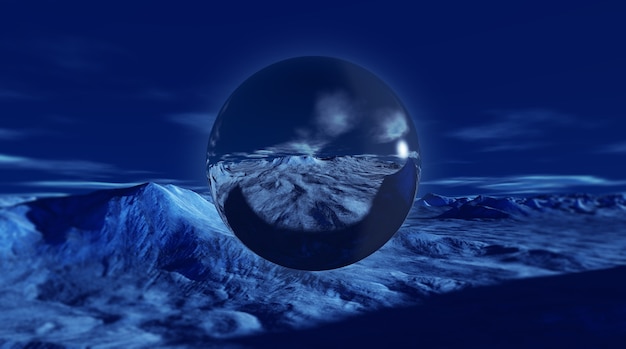 Transparent bubble with snowy winter landscape inside 3d render