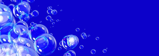 Transparent bubbles on blue abstract modern 3d render illustration. Data security concept, ai protection technologies for company, business, corporation, cover, banner.