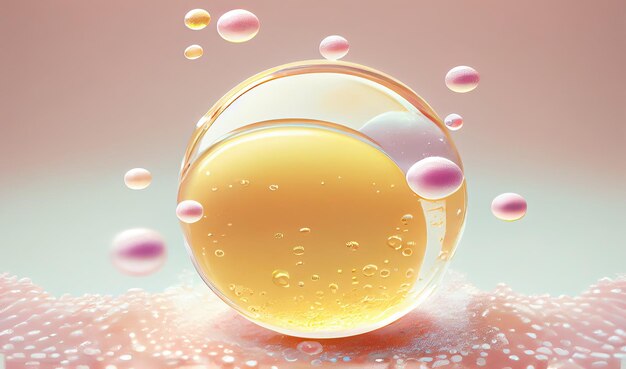 Transparent bubbles over golden background moleculas science cosmetic 3D Collagen serum and vitamin hyaluronic acid skin care solutions with cosmetic advertising background created using AI tools