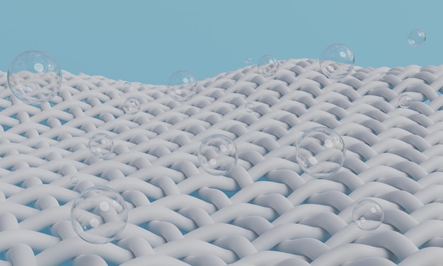 Transparent bubbles and molecules of detergent and fibers of fabric microscopic view 3d rendering