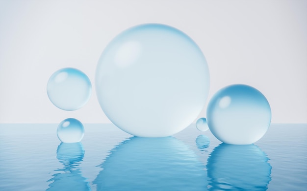 Transparent bubbles with water surface 3d rendering