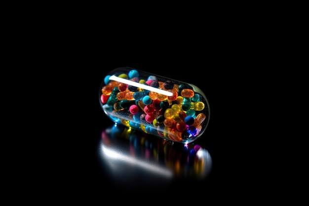 A transparent capsule with many colored granules or tiny beads on it