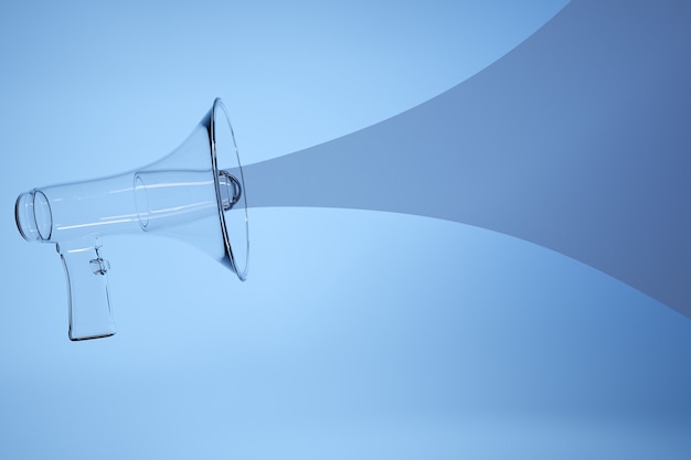Прозрачный мультяшный громкоговоритель на синем монохромном фоне. 3D иллюстрации мегафона