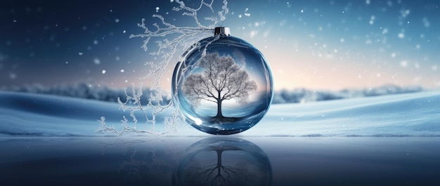 Transparent christmas ball with a tree on a blue background seasonal card generative ai