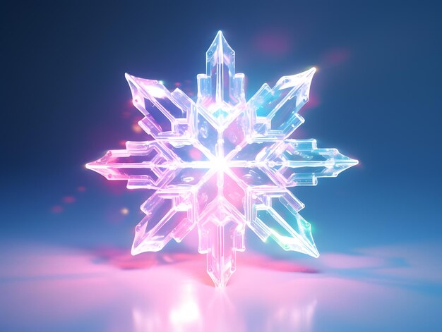 Transparent Christmas crystal glass snowflake on a blue and pink background 3d rendering