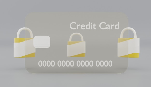 写真 灰色の背景に黄色のセキュリティロックが付いた透明なクレジットカード。 3dレンダリング