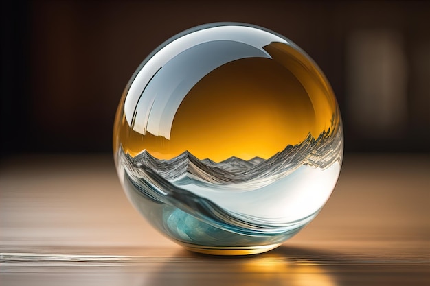 Transparent crystal ball on a wooden table ai generative