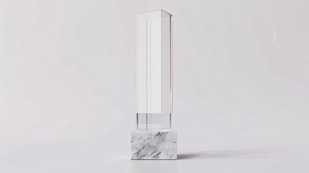 A transparent crystal prize mockup on a clear marble base with an empty acrylic award design isolated on a white background