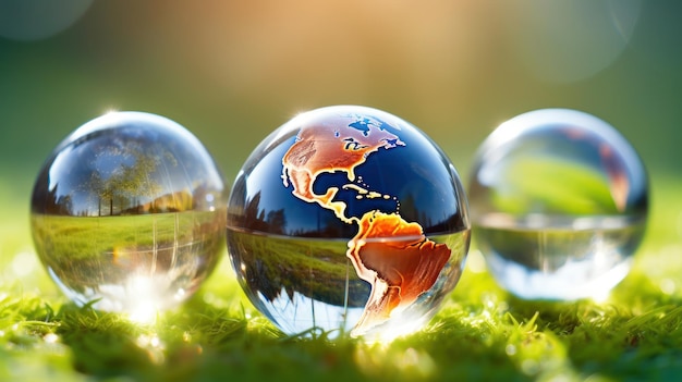 Transparent crystal spheres filled with sunlight on green grass Planet Earth and landscapes are reflected the glass globes Protection of water resources concept Environmental care 3D rendering