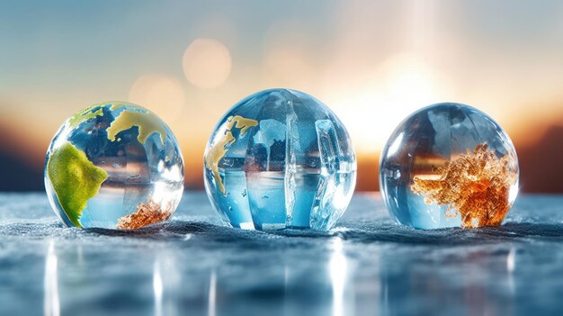 Transparent crystal spheres filled with sunlight on water surface Planet Earth and landscapes are reflected the glass globes Protection of water resources concept Environmental care 3D rendering