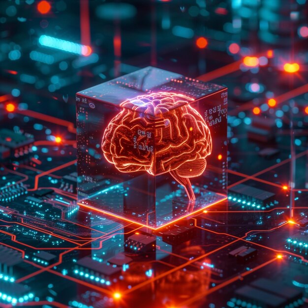 Transparent cube with brain on microchip circuitry AI concept For Social Media Post Size