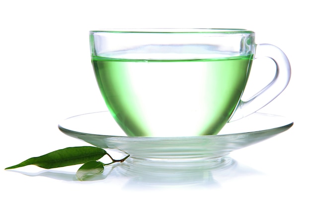 Transparent cup of green tea, isolated on white