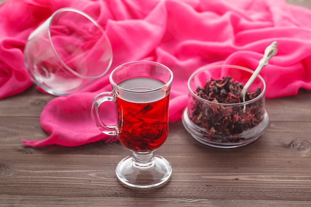 Transparent cup of Hibiscus tea