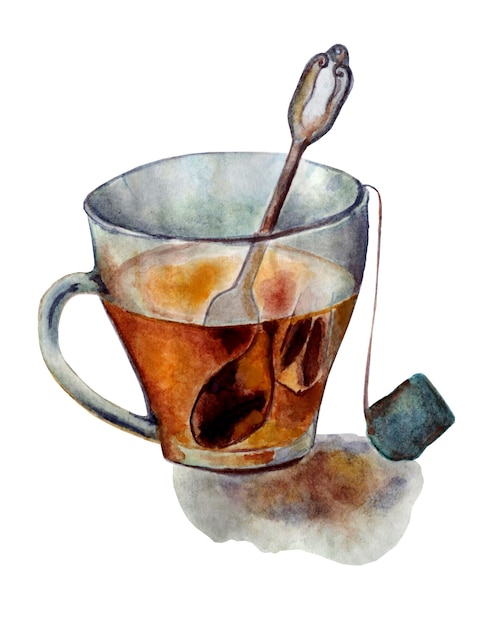 Transparent cup of hot black tea with tea bag and spoon isolated on a white background