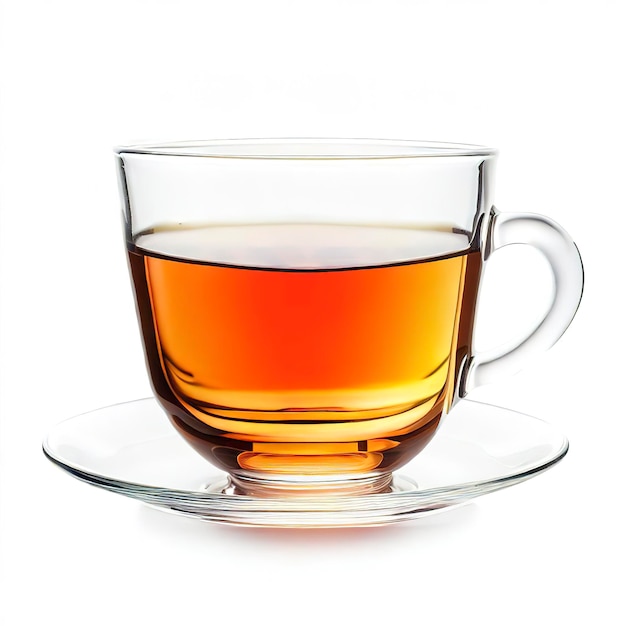 Transparent cup of tea isolated on white background