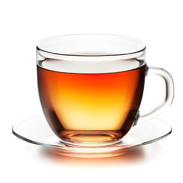 Transparent cup of tea isolated on white background