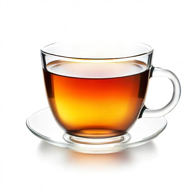 Transparent cup of tea isolated on white background