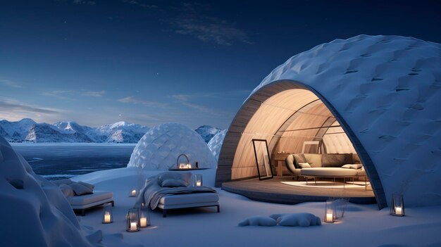 Transparent dome accommodation in a snowy winter landscape with mountains