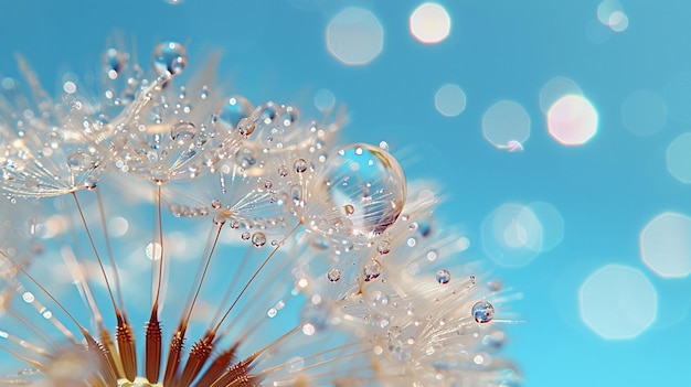 Transparent drop of water on a dandelion flower