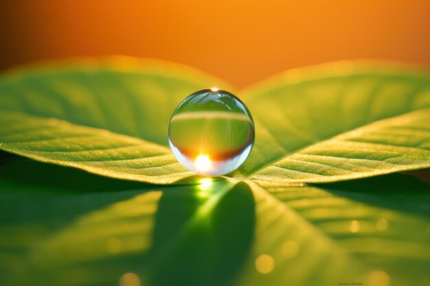 A transparent drop of water on a green plant in closeup with sun glare a background of golden light