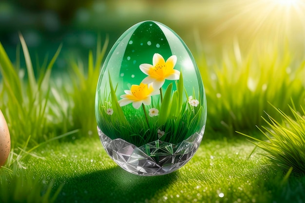 Transparent easter egg made of crystal glass in light yellow in the grass