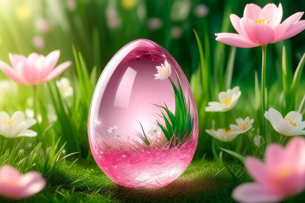 Transparent easter egg made of crystal glass in pink in the grass