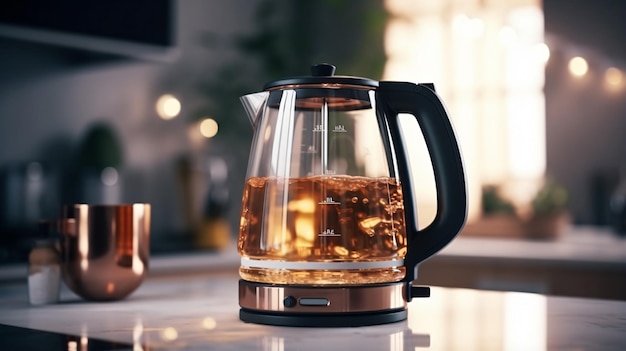 Transparent electric kettle with boiling water on the pot