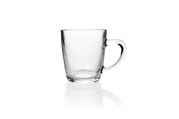 Transparent empty glass mug isolated on white background.