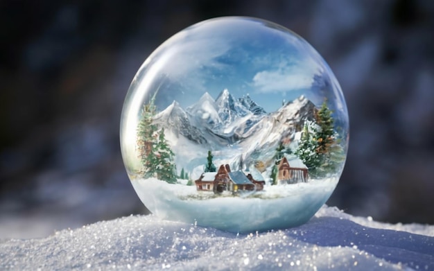 Photo a transparent glass ball and inside a landscape with mountains and snow winter