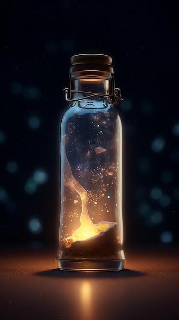 A transparent glass bottle containing a mysterious scene and emitting light AI generated